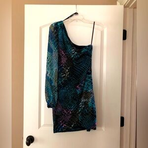 Bebe multicolored one shoulder dress, size S
